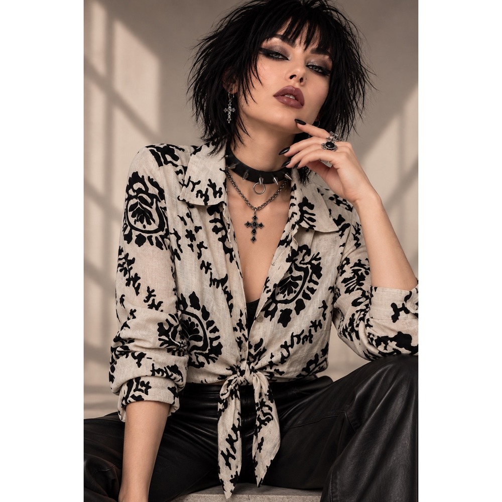 Christian Siriano Linen Blend Tie Front Crop Blouse Black Beige Medium